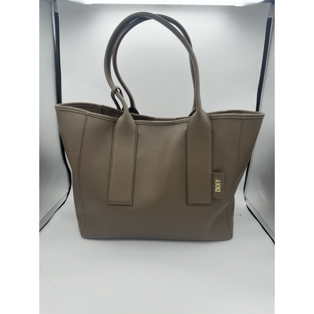 DKNY Grayson tote bag with monogram logo pouch in Truffle Color